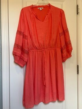 Women's Coral Tie-Waist Boho Dress balloon sleeves